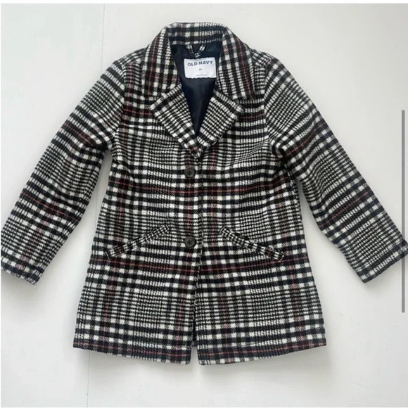 Old Navy Plaid Pea Coat Girls Black White Red Size 5T NWOT - Picture 3 of 8
